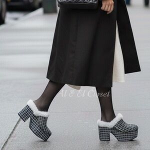 Larroudé Miso Clog platform heels in black tweed with plush natural shearling 10